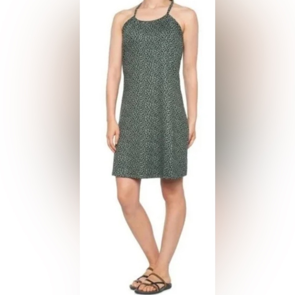 Eddie Bauer Olive W/ Black Micro Print‎ Strap Back Stretch Harmony Dress Med EUC